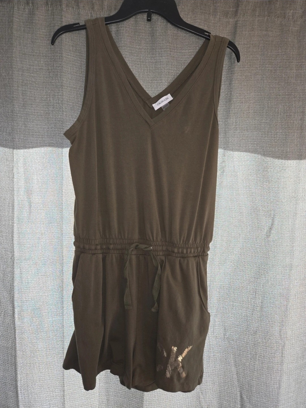 Calvin Klein Olive Sleeveless V-Neck Drawstring Romper with Sequin Detail